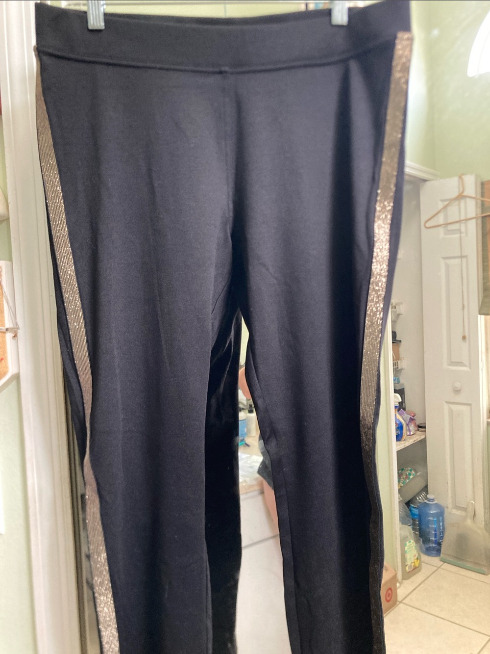 HUE Black Leggings with Metallic Side Stripe